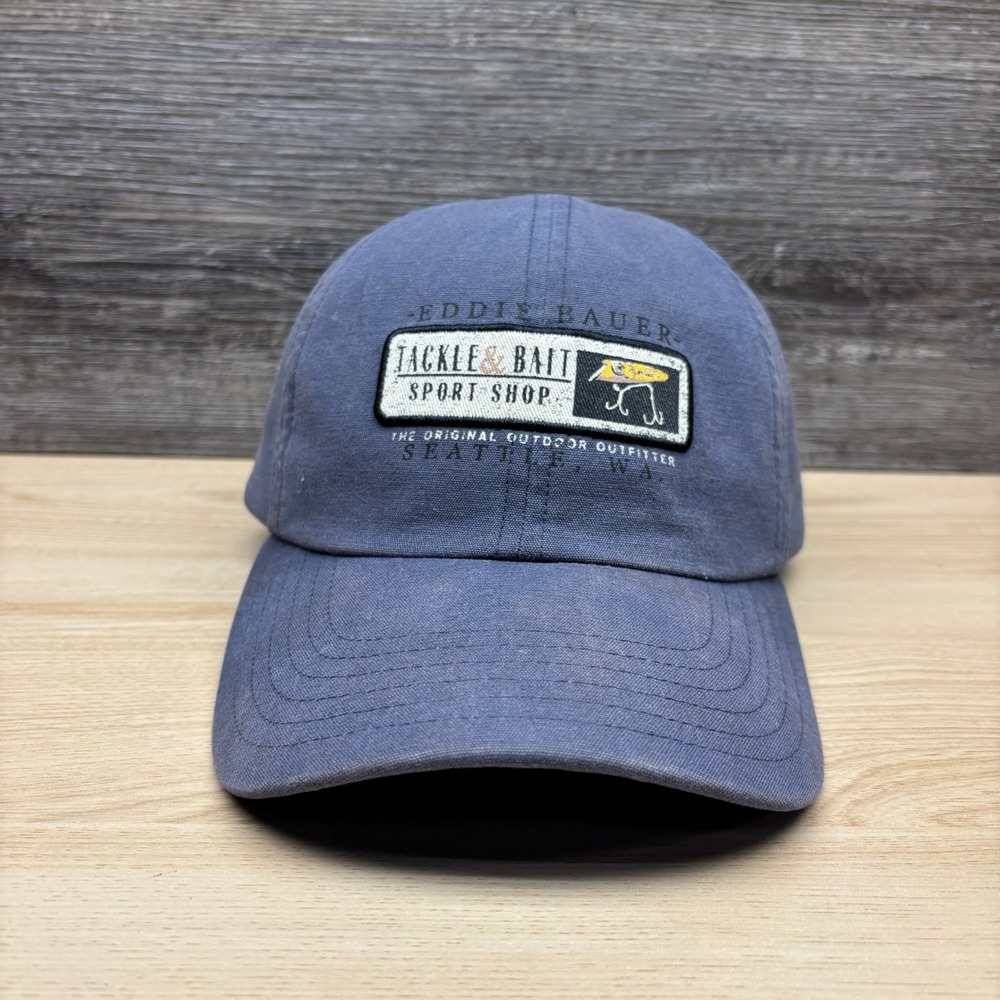 Vintage Eddie Bauer Hat Cap Strap Back Blue Tackle & Bait Fishing Seattle